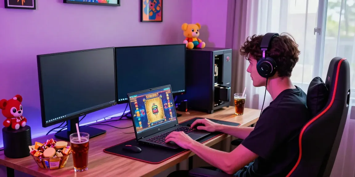 Player enjoying a slot gacor session on laptop with vibrant gaming decor