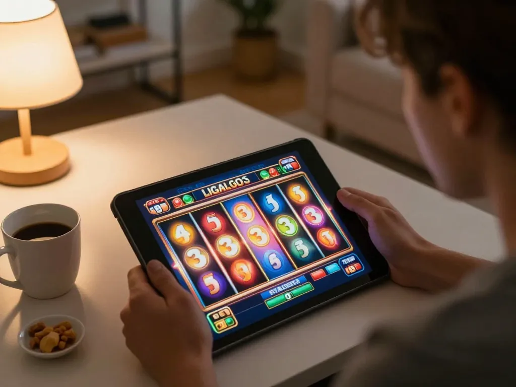 LIGALGO online gaming experience, showing engaging gameplay on a tablet, comfortable home setting.