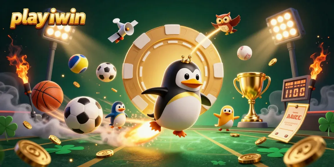 Play iwin with a dynamic scene featuring a golden penguin and casino elements in space.