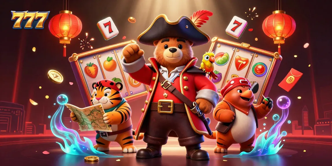 Engage with the 777 casino scene, featuring a pirate bear with a treasure map amidst dynamic game elements.