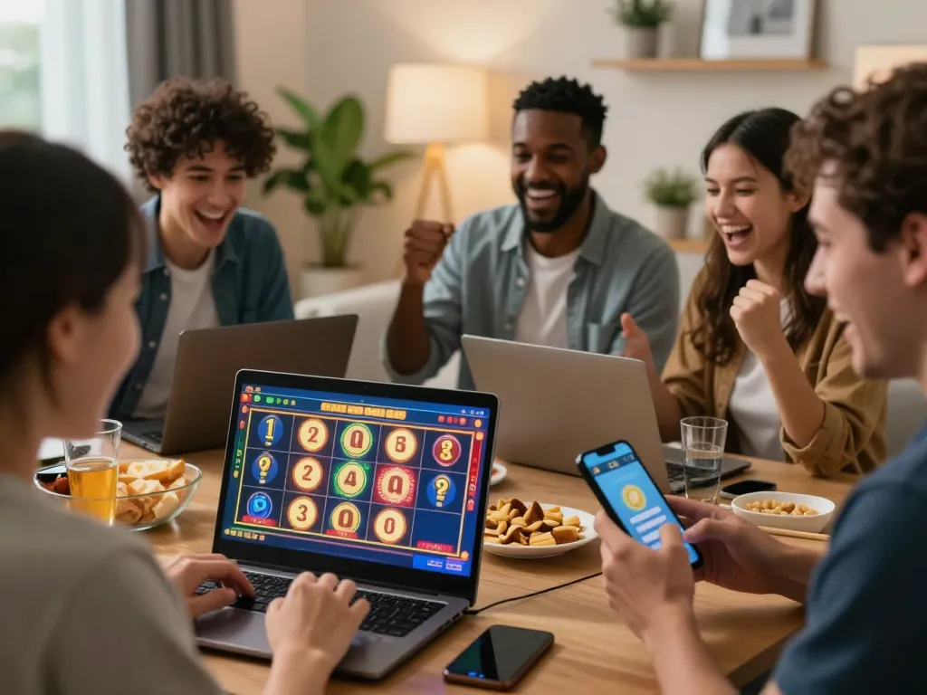 Players enjoying situs slot games online in a vibrant home setting with excitement and camaraderie.