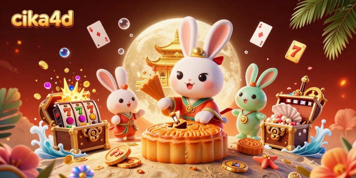 Cika4d captures excitement with a vibrant 3D scene showcasing moon rabbits and gambling elements.