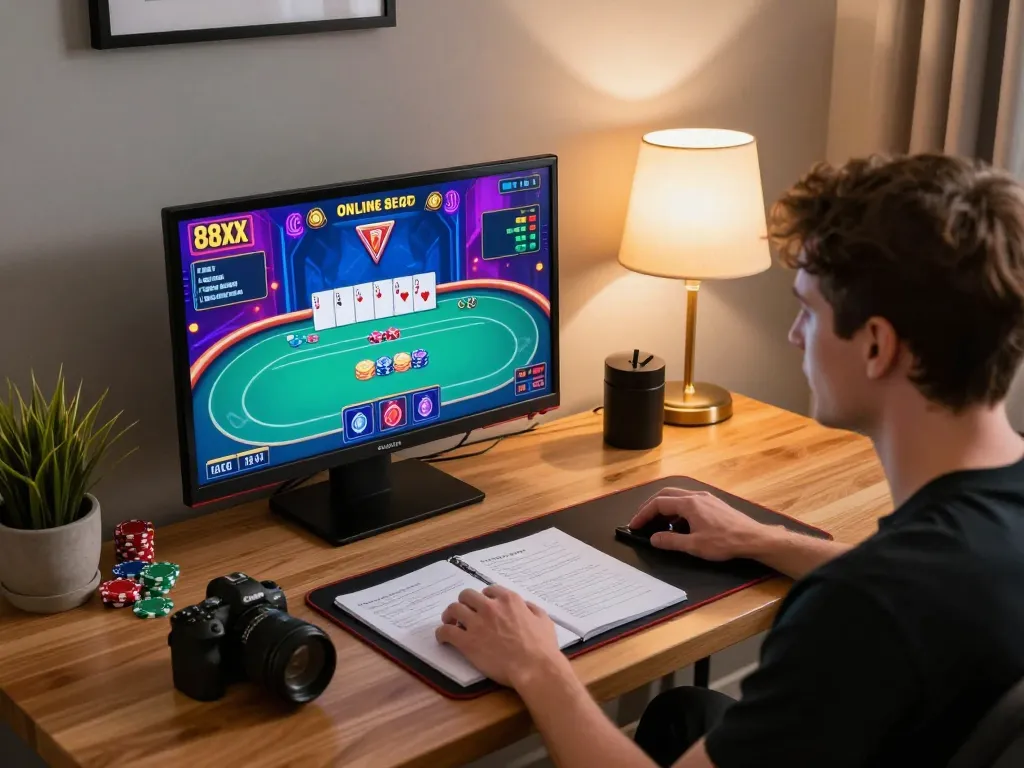 Player engaging in dynamic online casino game at 88xx, with vibrant graphics on screen