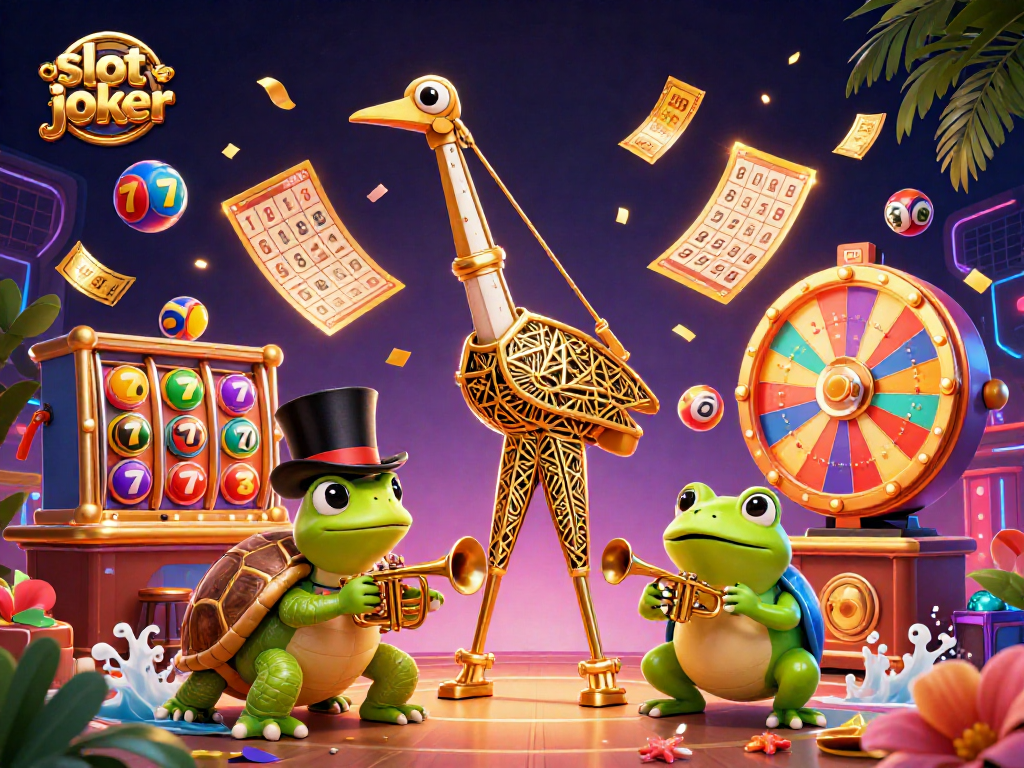 Mainkan slot joker dengan suasana kasino yang meriah dan berwarna-warni dalam ilustrasi digital.