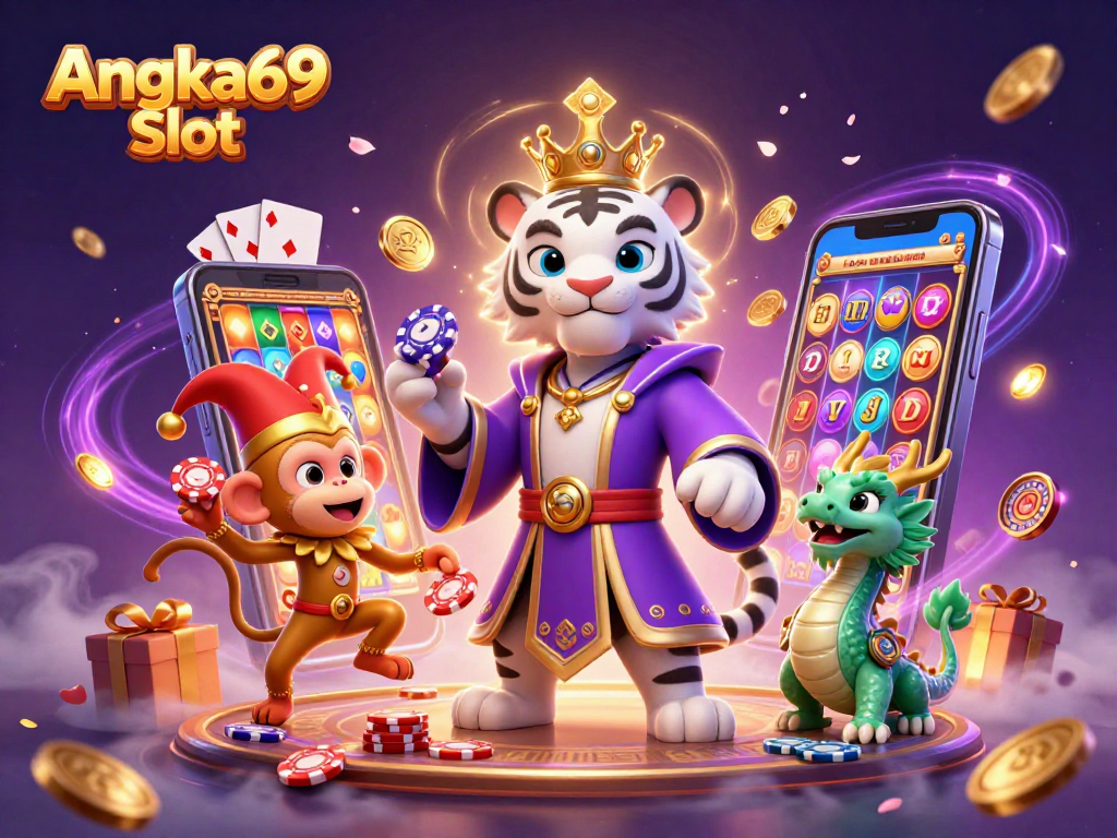 Experience Angka69 Slot with vibrant visuals of a white tiger and a playful monkey in this colorful casino illustration.