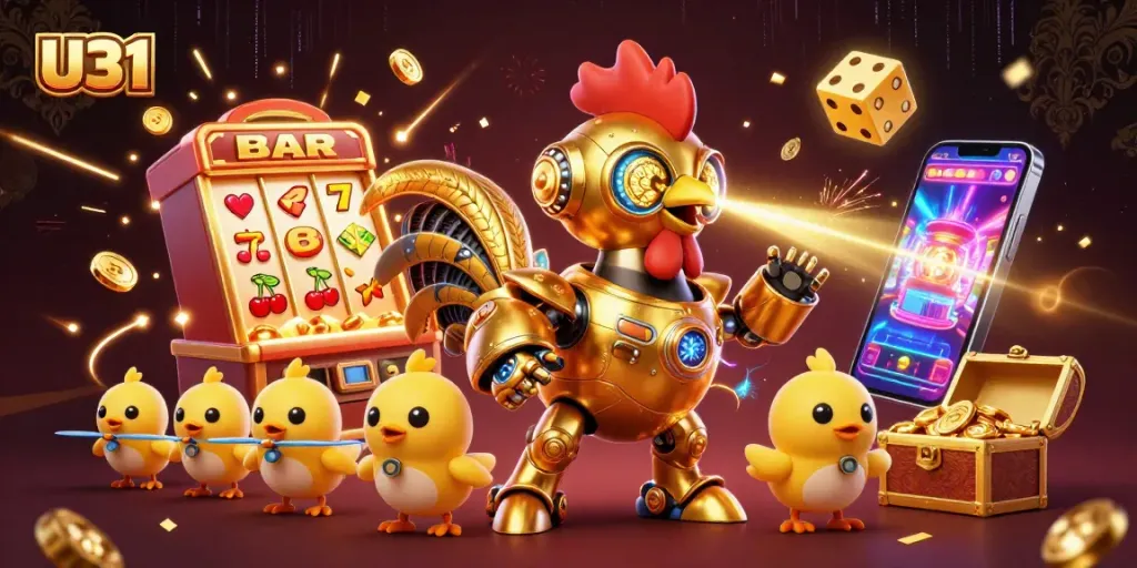 Experience U31's vibrant gaming atmosphere with a dynamic slot machine jackpot and futuristic characters.