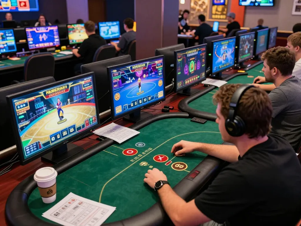Experience thrilling poker gameplay with dash88 on multiple screens in a vibrant online casino setup.