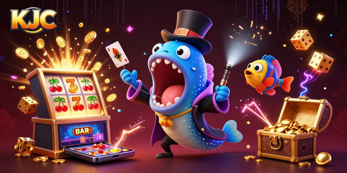 KJC showcases a vibrant 3D illustration of aquatic characters amidst a dynamic casino scenario filled with slot machines and gold.