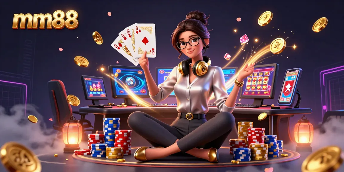 Engage with mm88 gaming adventure featuring a professional gamer amid vibrant casino elements.