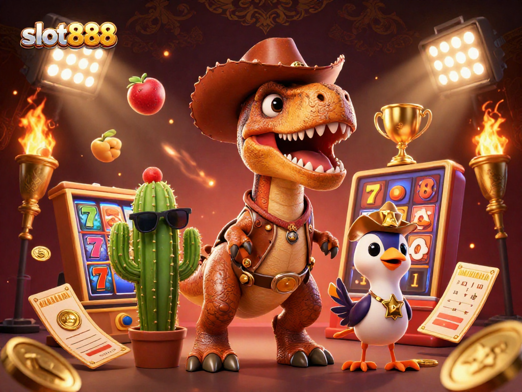 Menangkan permainan slot888 dengan jackpot besar bersama T-Rex cowboy dan teman-teman uniknya.