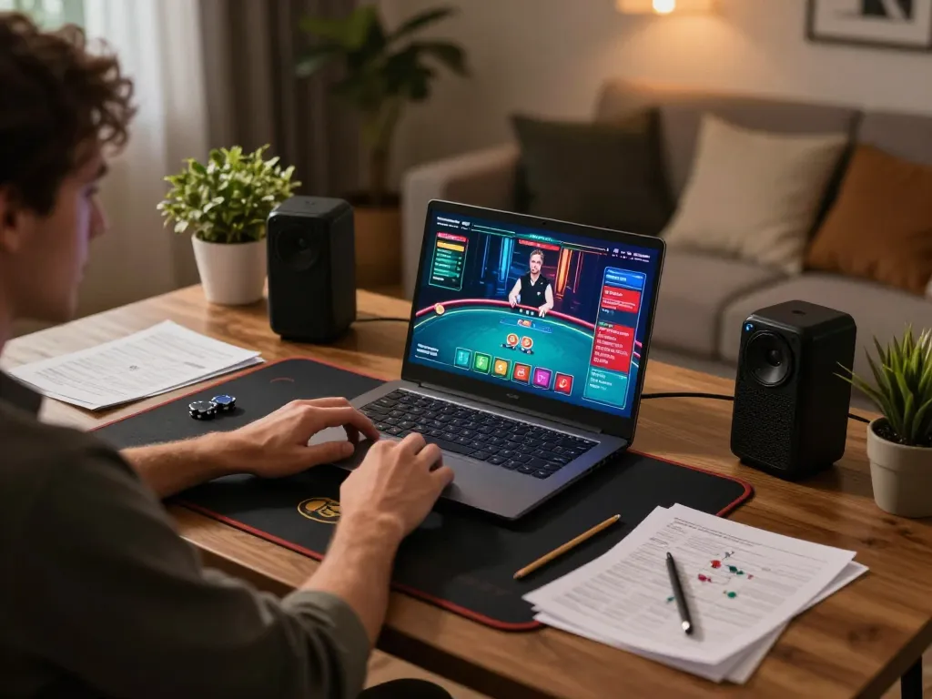 Rikvip player strategizing in a stylish home gaming setup during online poker.