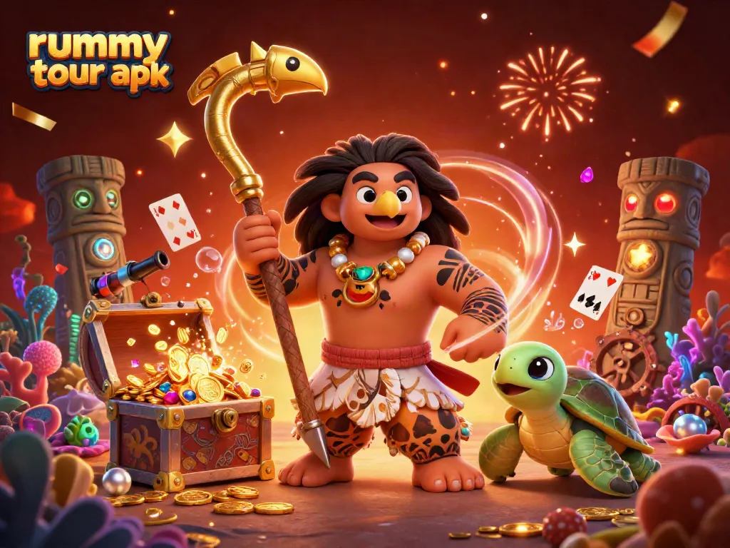 Rummy tour apk memicu kegembiraan dengan harta karun laut dan karakter ikonik dalam gambar keceriaan.