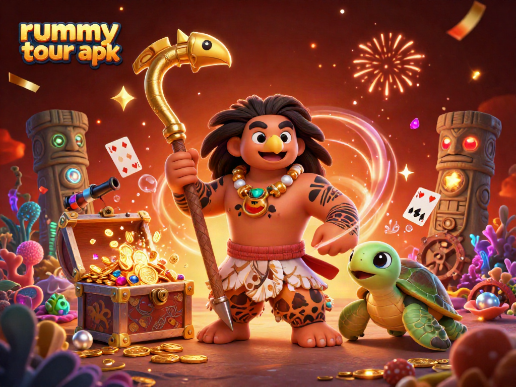 Rummy tour apk memicu kegembiraan dengan harta karun laut dan karakter ikonik dalam gambar keceriaan.