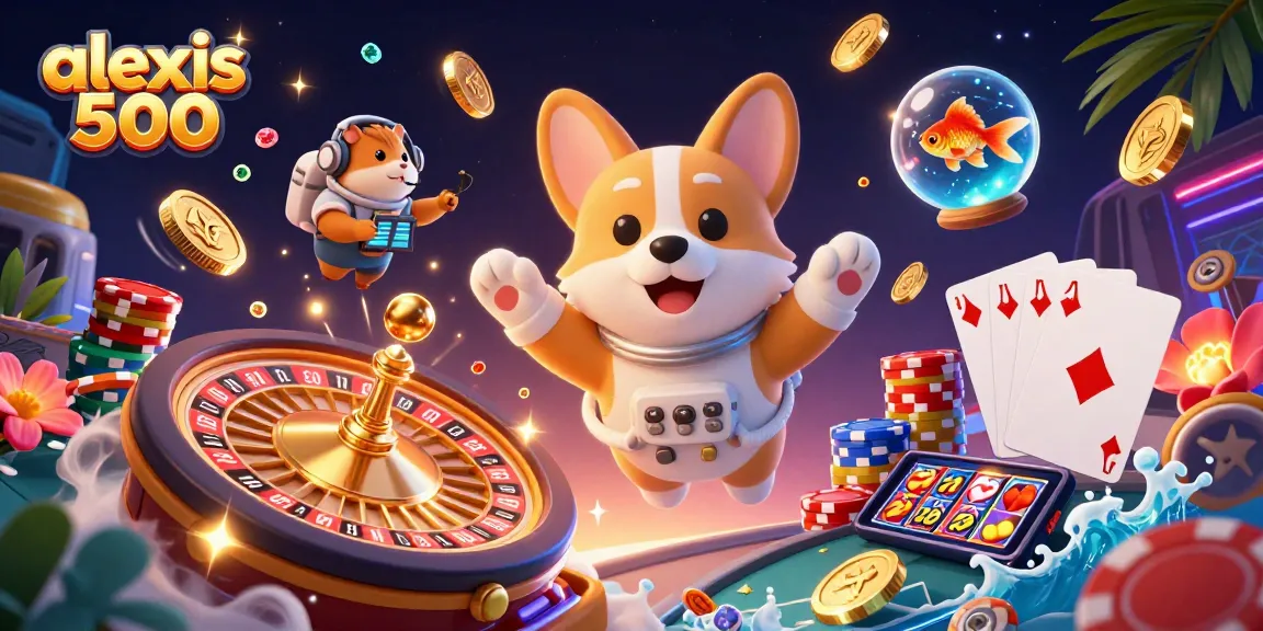 Play slots at alexis 500 with a vibrant 3D casino scene featuring engaging characters and thrilling game elements.