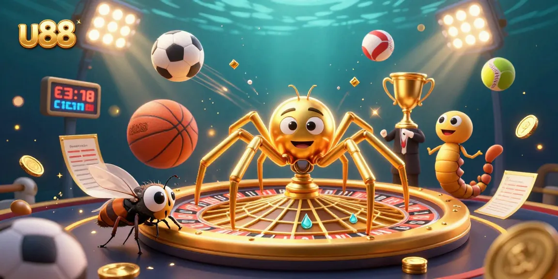 Experience thrilling bets with u88 as a golden spider spins a roulette wheel surrounded by dynamic sports action.