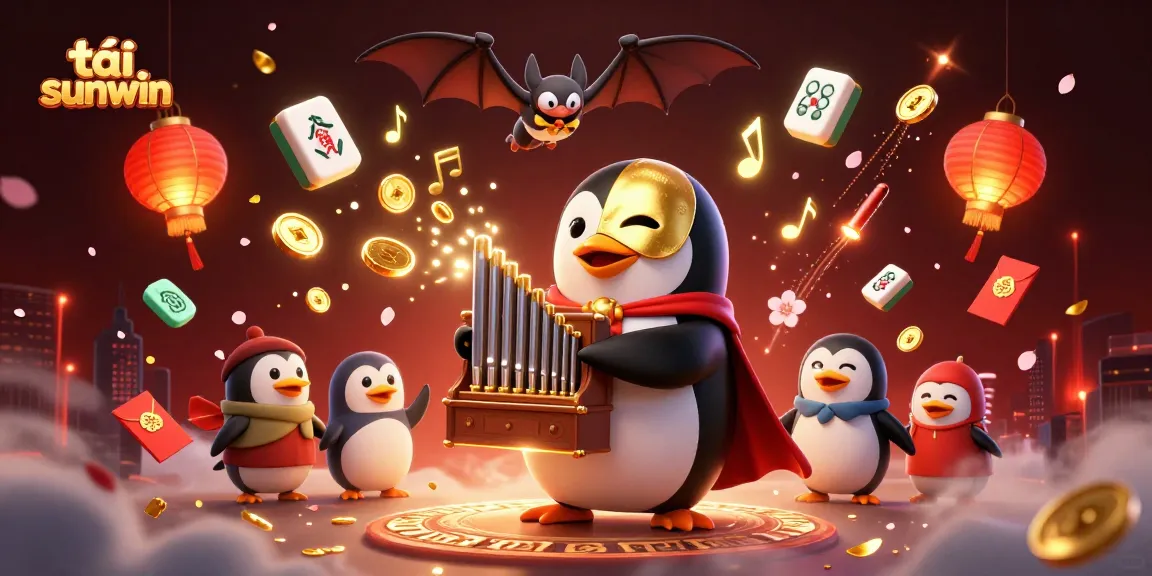 Tải sunwin app illustration showcasing a penguin playing an organ, floating casino elements, and festive decorations.