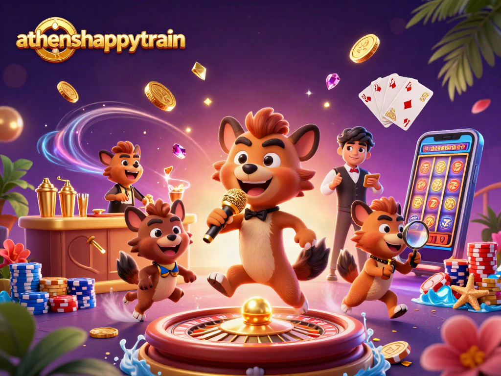 Experience fun at athenshappytrain with hyenas in a vibrant casino scene.
