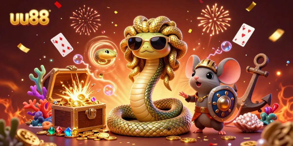 Experience the excitement of uu88 with an energetic casino-themed illustration featuring Medusa and a warrior mouse.