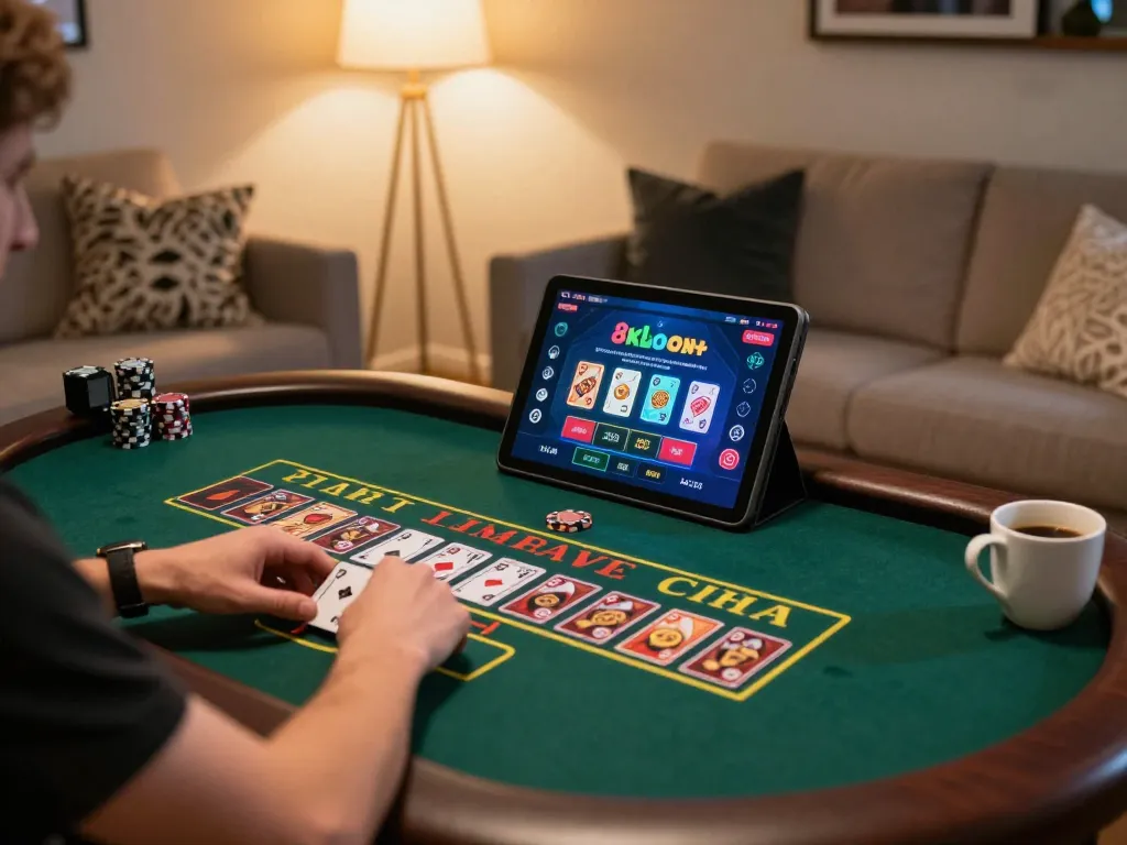 Player enjoying a dynamic live baccarat game on 8xbet mobile app in a cozy home setting