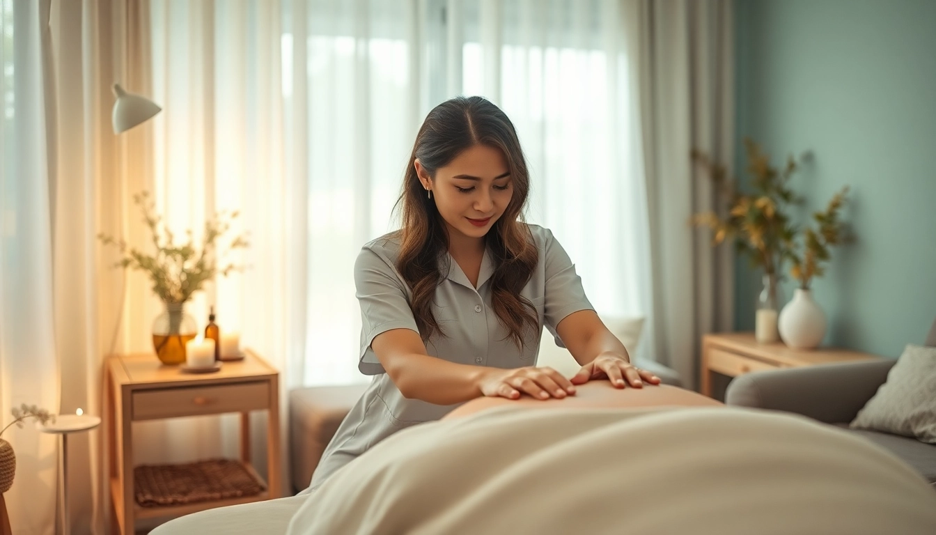 Peaceful 평택출장마사지 session with a young therapist in a cozy home setting.