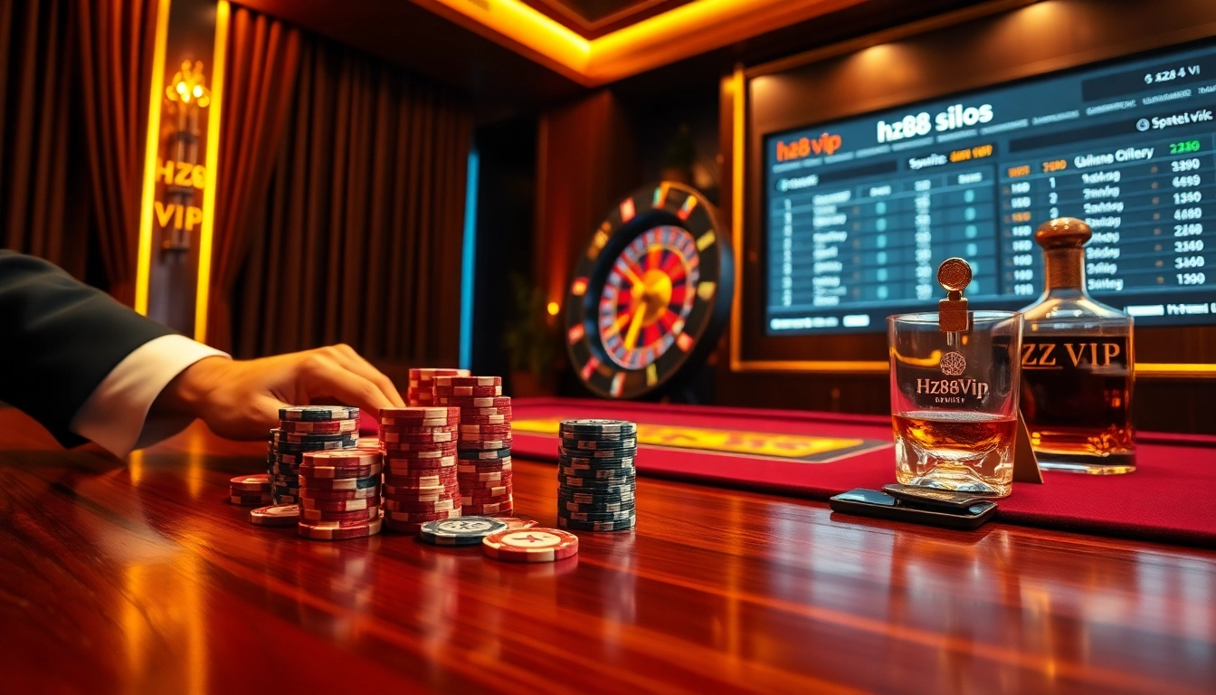 Gambler expertly betting with HZ88 VIP branded poker chips and digital roulette wheel display