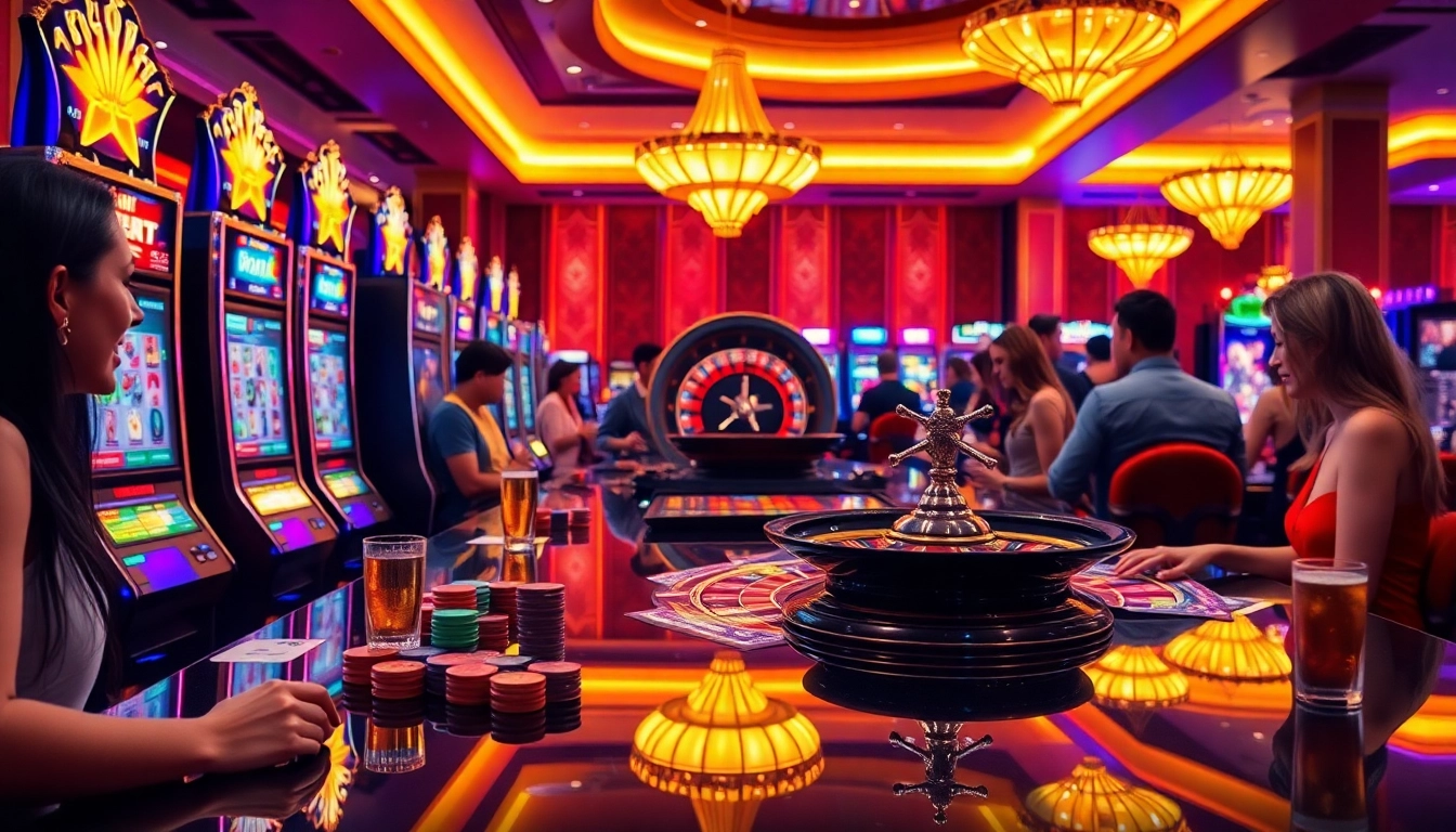 Engaged players enjoying IDN slot machines at a vibrant casino with elegant decor.