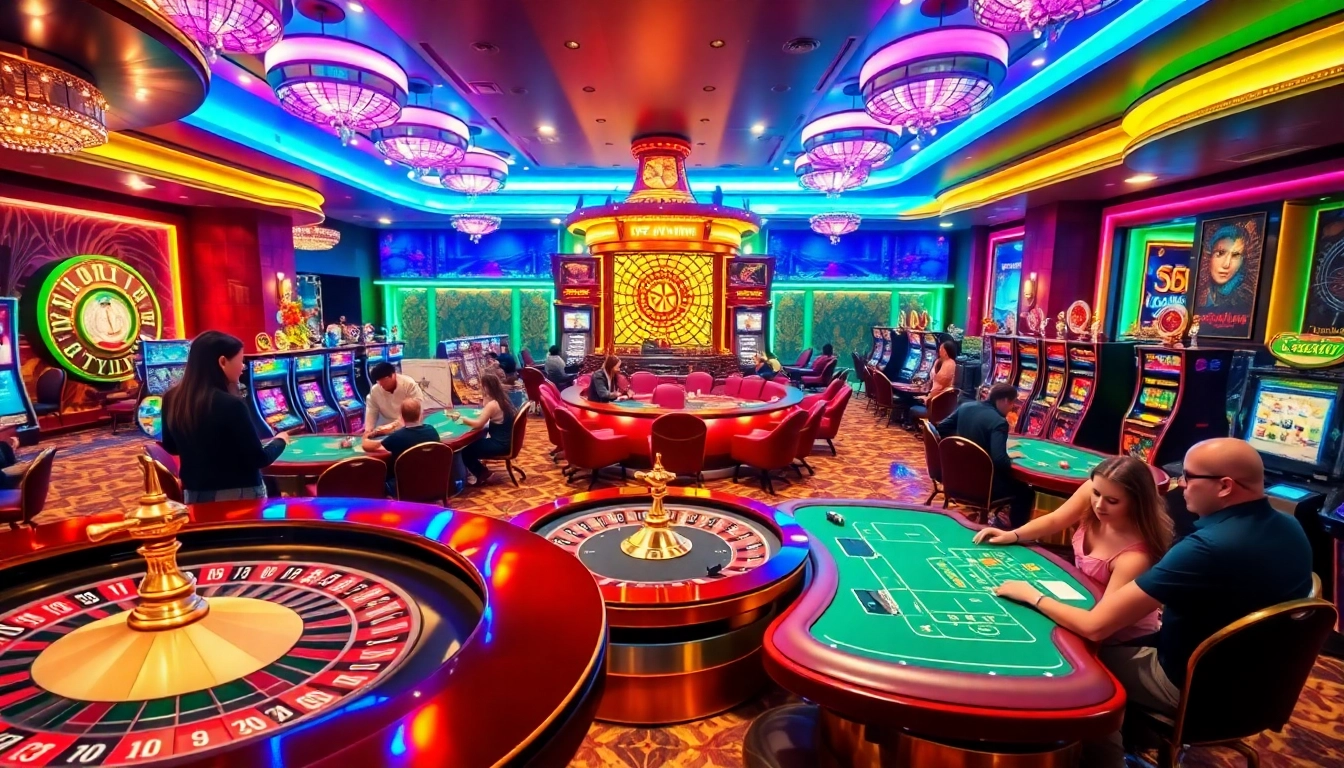 Players enjoying a high-energy game environment at 789win casino with vibrant tables and slot machines.