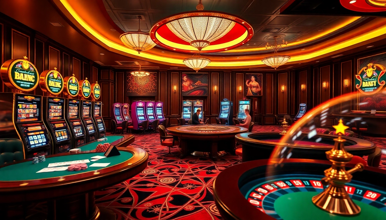 Experience thrilling gaming action at 8kbet, featuring poker tables and vibrant slot machines.