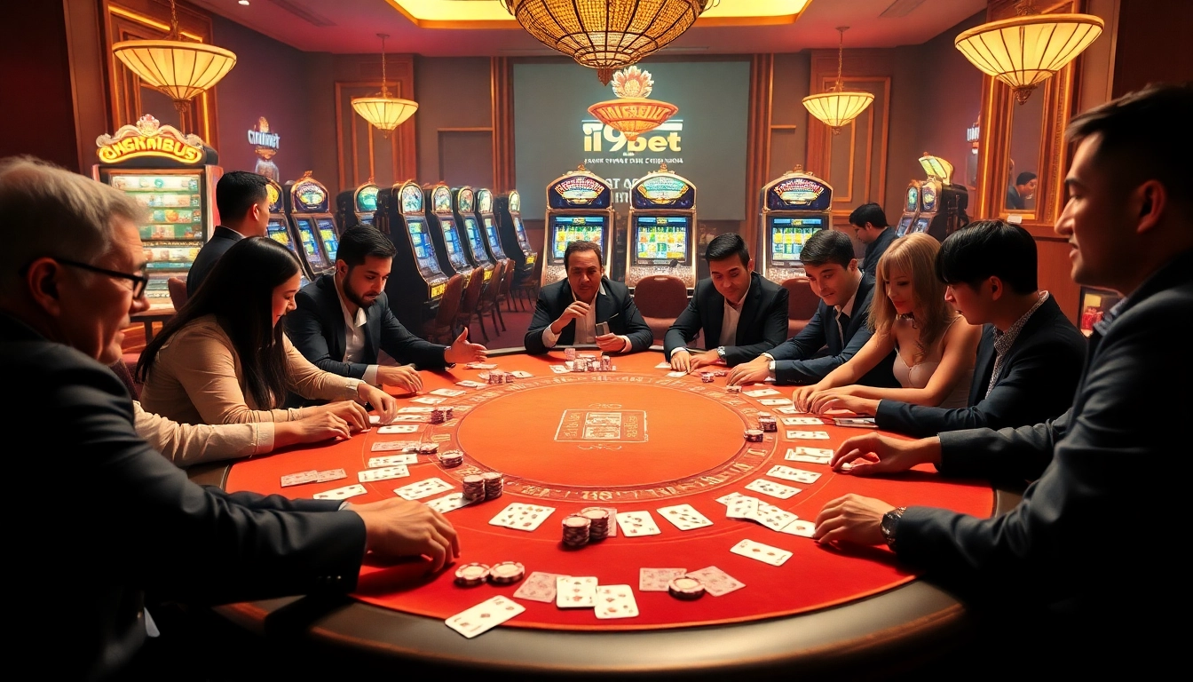 Experience the thrill of i9bet at a luxurious poker table surrounded by vibrant casino elements.