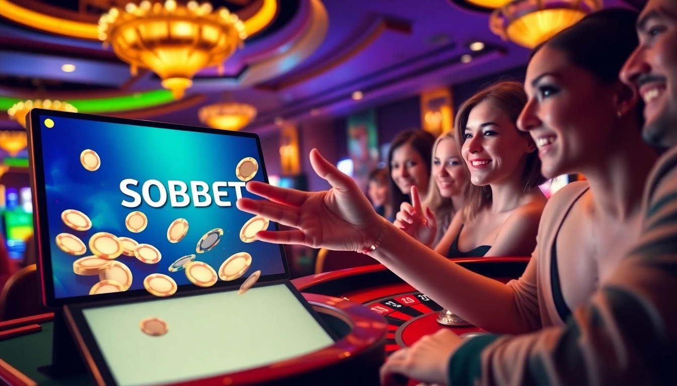 Experience the excitement of sbobet link at a digital casino table with players celebrating a jackpot win.