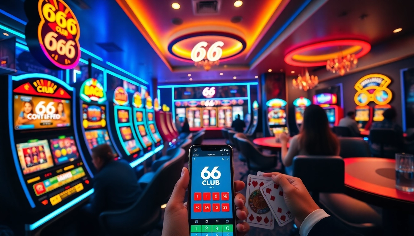 Experience the vibrant online gaming atmosphere of 66 club with interactive tables and colorful slots.