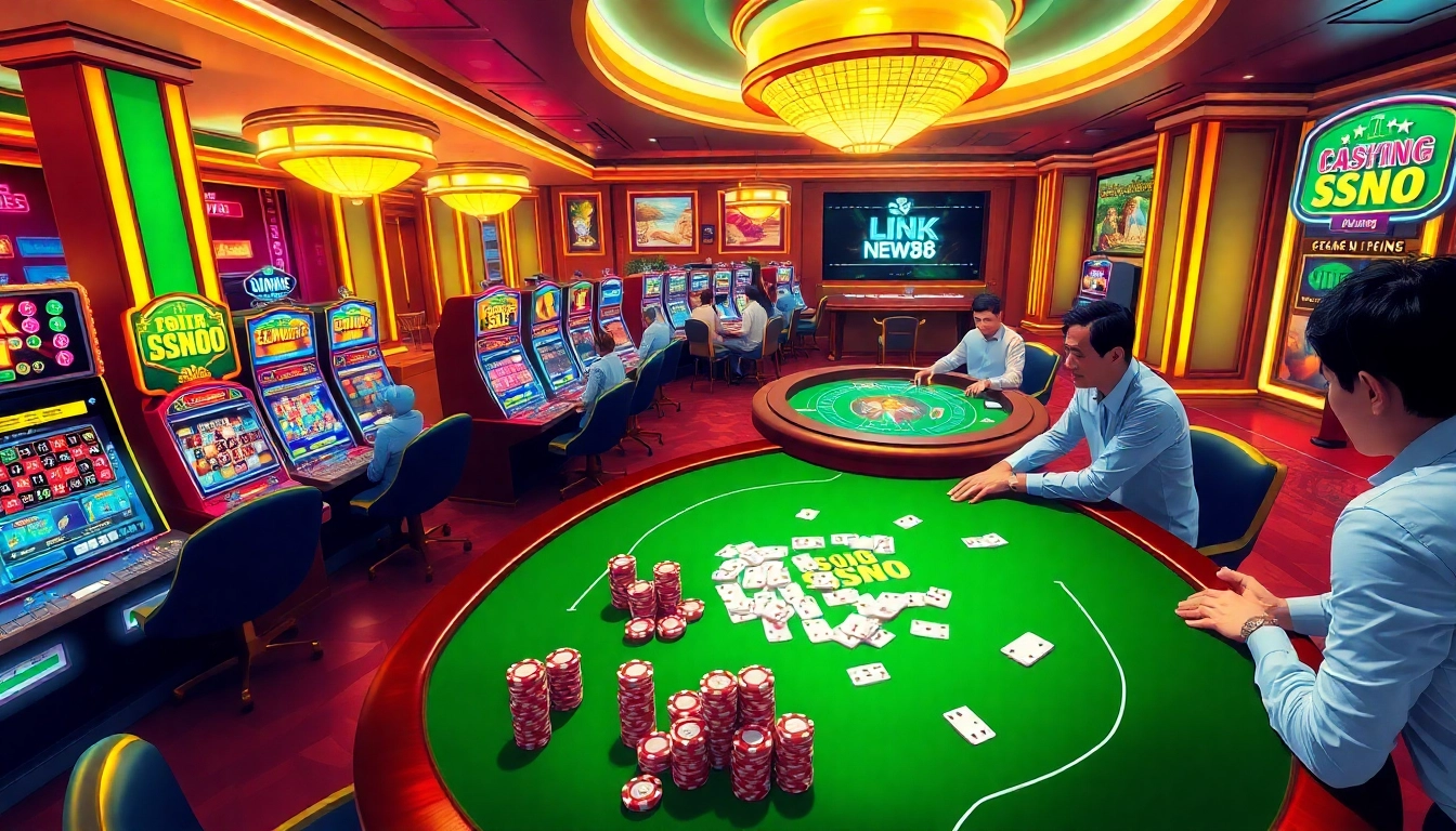 Experience the thrill of gambling at Link NEW88 with vibrant casino tables and excited players.