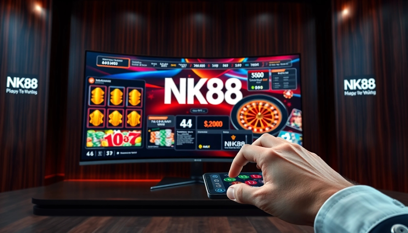 NK88 online casino interface showcasing dynamic betting actions with high-value poker chips and thriving slot machine gameplay