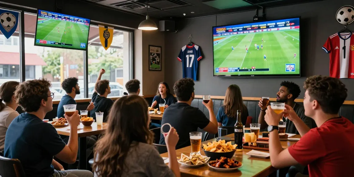 Exciting sports bar atmosphere showcasing جدول مباريات اليوم كورة لايف with fans enjoying live football matches.