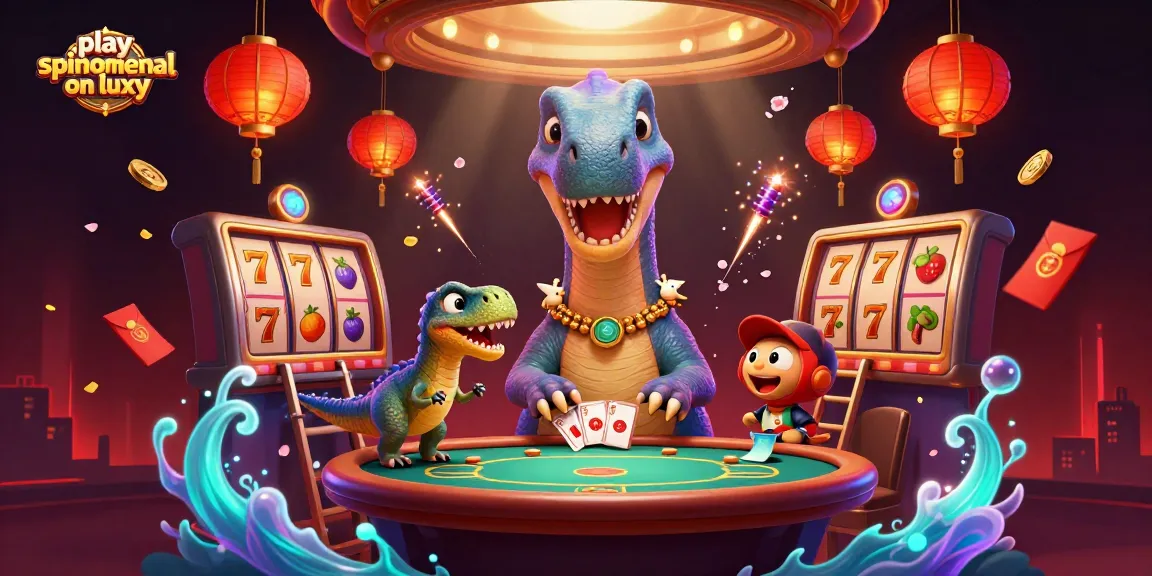 Play Spinomenal on Luxy with an epic casino scene featuring dinosaurs and slot reels.